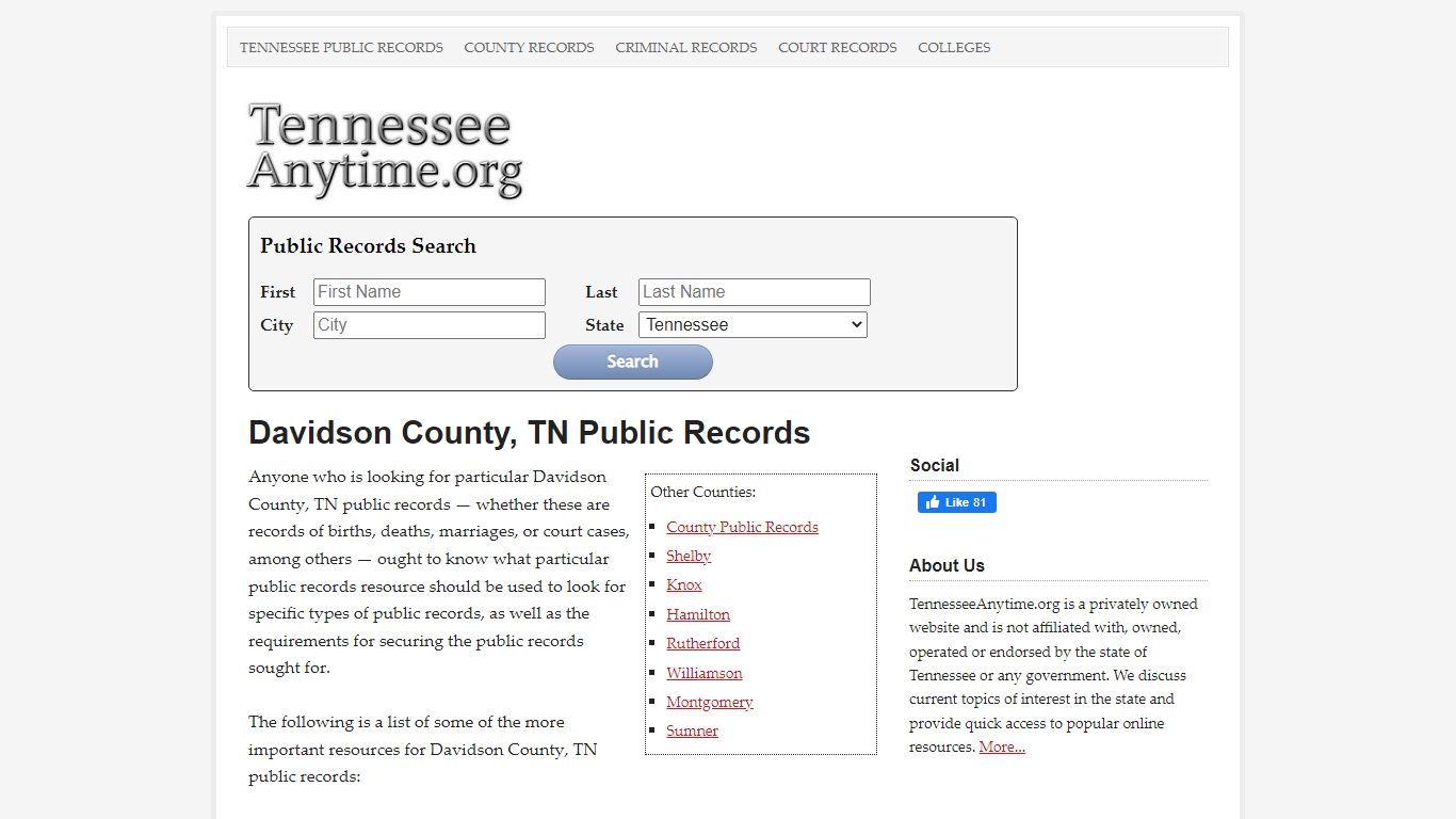 Davidson County, TN Public Records - TennesseeAnytime.org